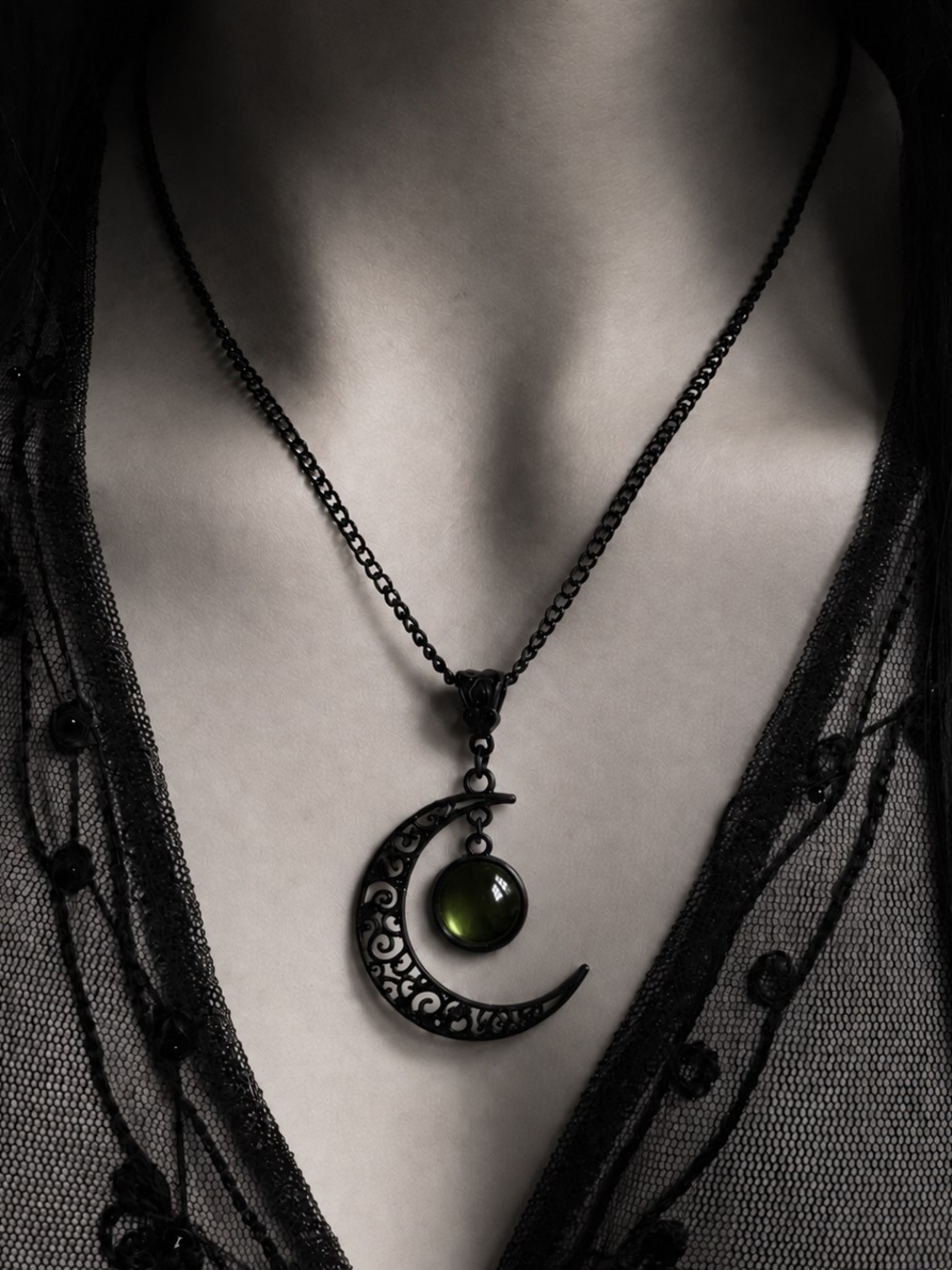 Black Crescent Moon Necklace – Green Orb Gothic Pendant